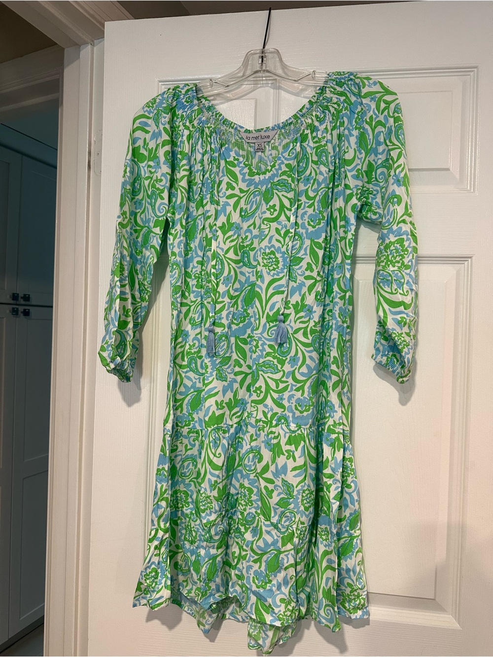 La Mer Luxe Green & Blue Floral Peasant Dress